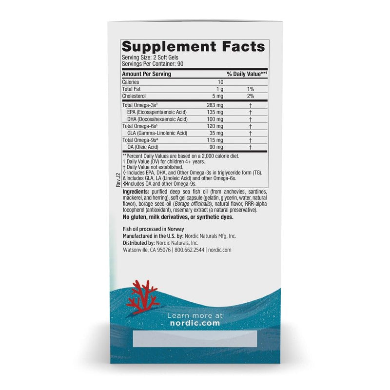 [Australia] - Nordic Naturals Complete Omega Jr., Lemon - 180 Mini Soft Gels - 283 mg Total Omega-3s & 35 mg GLA - Healthy Cognition, Nervous System Function - Non-GMO - 90 Servings 180 Count (Pack of 1) Standard Packaging 