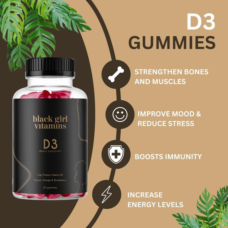 Black Girl Vitamins - Vitamin D3 Gummies, for Immune, Energy, and Bone Support, 2000IU (50mcg) Vitamin D per Serving, Gluten-Free Vitamin D Gummies, 60 Count (2-Pack) 60 Day Supply