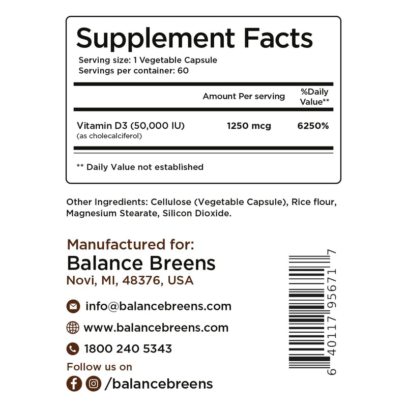 Balancebreens Vitamin D3 50,000 IU, 60 Veggie Capsules - High Potency, Supports Immune & Bone Health - Weekly Once (Pack of 1) 1 Count (Pack of 60)