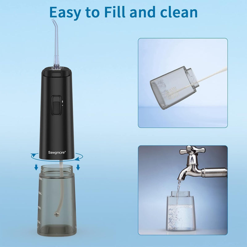 [Australia] - Sawgmore Oral Irrigator Wireless, Electric Tooth Cleaner with 4 Nozzles, 360° Rotating IPX6 Waterproof Battery Operated Interdental Cleaner for Travel/Family 220ML (Black) Black 