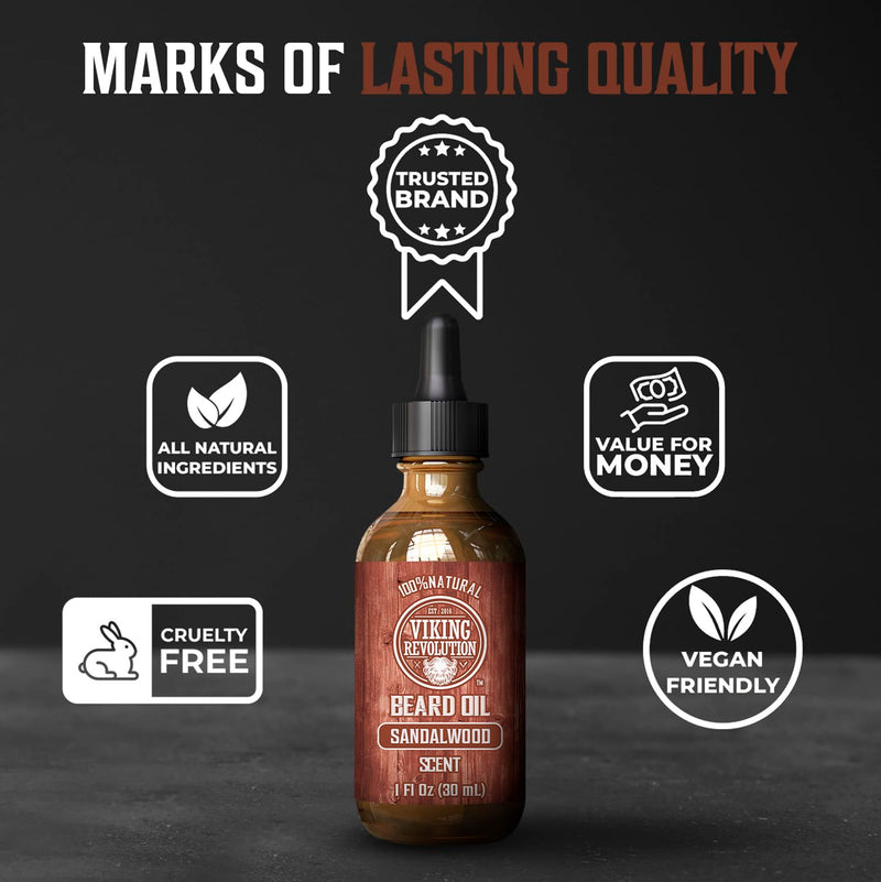 [Australia] - Viking Revolution Sandalwood Beard Oil for Men - Natural Mens Beard Oil with Argan Oil and Jojoba Oil - Beard Softener, Strengthens and Moisturizes - Beard Conditioner for Men (Sandalwood, 1 Pack) 1 Fl Oz (Pack of 1) 