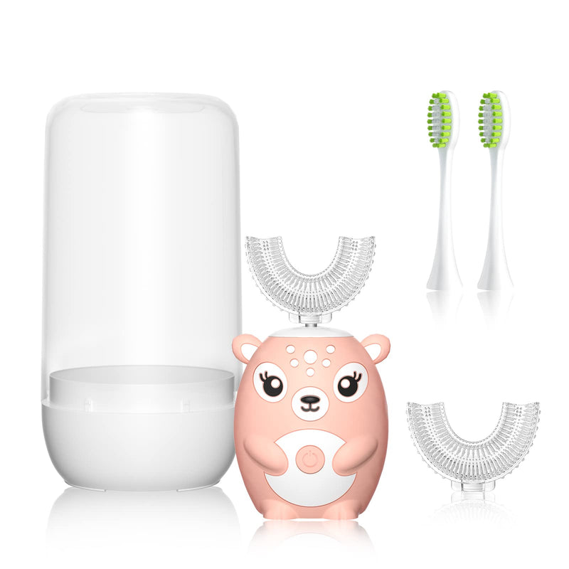 [Australia] - Kids Electric Toothbrushs U Shaped sonic Automatic Toothbrush with 4 Brush Heads, Six Cleaning Modes,Cartoon deer Modeling , full mouth toothbrush for baby Pink 2-6 Years 
