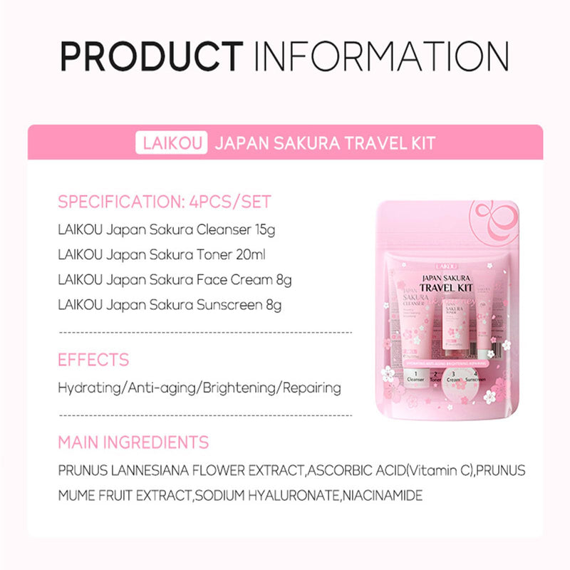 [Australia] - Sakura Travel Skincare Set for Teenage Girls - Face Routine Set for Women,4 Piece Gentle Skin Cleaning & Care Travel Size Kit With Cleanser, Toner, sunscreen and Face Cream 
