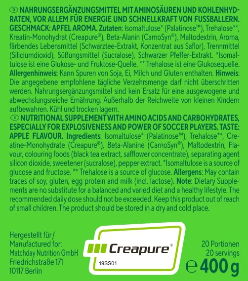 [Australia] - MATCHDAY NUTRITION BOOST for footballers I ATP booster I athlete drink with amino acids and carbohydrates I 20 portions for more speed, explosiveness and endurance 