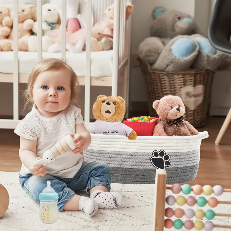 [Australia] - Small Woven Baskets for Organizing Rope Storage Basket with Handle Cute Cotton Basket for Nursery Gift Dog Toy Storage Bins for Toy Organizer Grey-white 