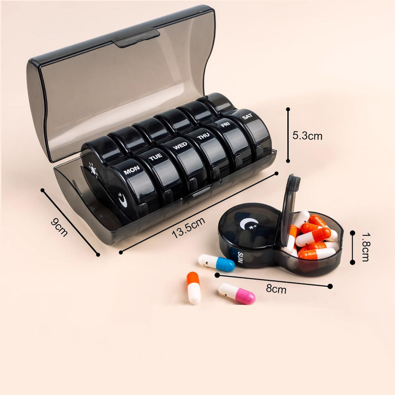 Weekly Pill Organizer 2 Time a Day，Pill Dispensers， Pill Box 7 Day with One-Side Large Opening Design for Easy Filling ，2 Times a Day AM/PM Pill Case, for Vitamins/Fish Oils (Black) Black+14