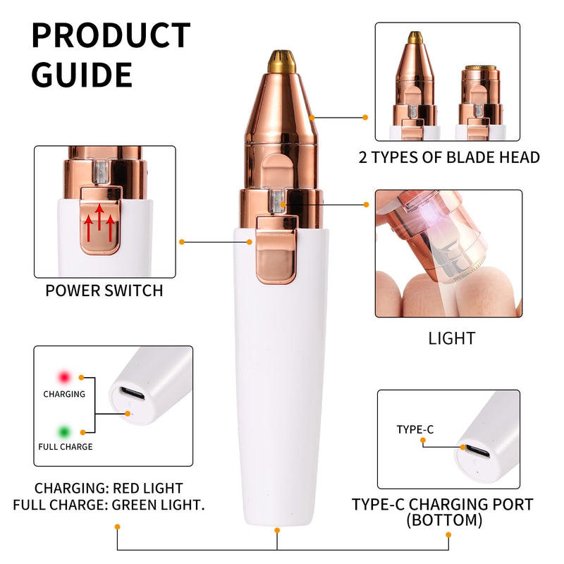 [Australia] - Facial Hair Removal for Women,2 in 1 Electric Hair Removal Device for Chin Upper Lip Peach Fuzz & Rechargeable Eyebrow Trimmer with LED Light for Precise Shaping 