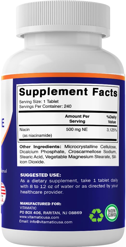 Vitamatic Niacinamide 500 mg 240 Tablets - Flush Free Vitamin B3 - Supports Energy Production 240 Count (Pack of 1)