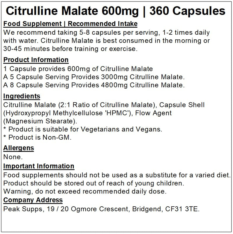 Citrulline Malate 600mg - 360 Capsules | Vegan | Pre Workout 360 count (Pack of 1)