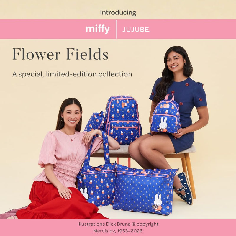 JuJuBe Miffy Flower Fields Travel Makeup Bag for Women, Portable Cosmetic Toiletry Bag, Zipper Makeup Organizer Pouch for Skincare, Brushes & Accessories