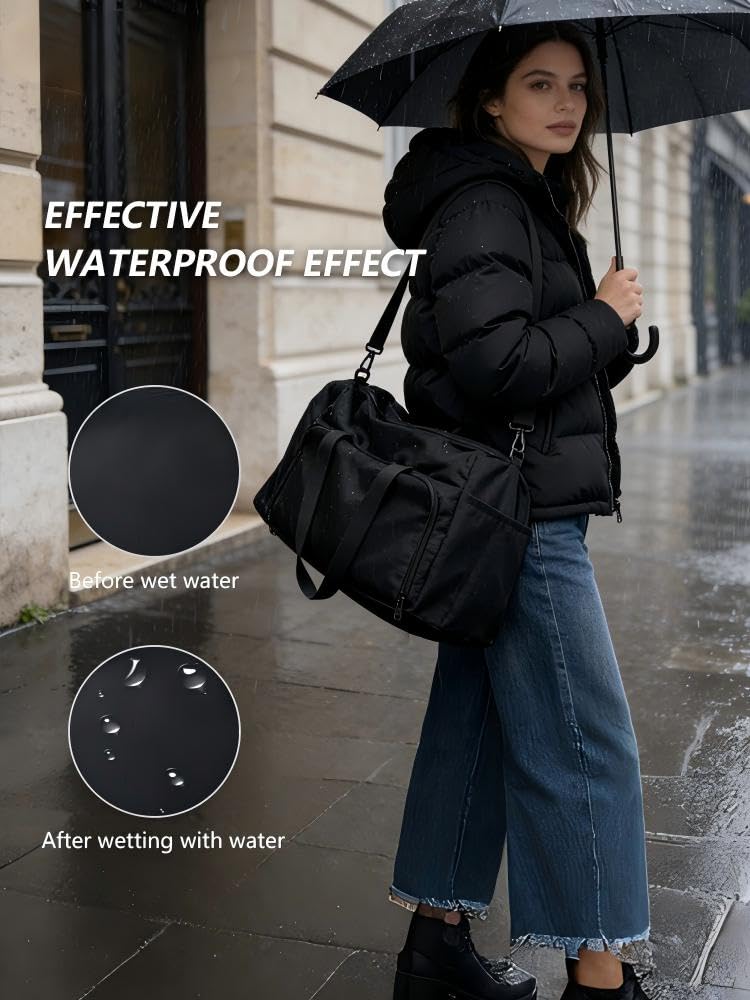 SSZYace Black Travel Bag, Waterproof Duffel Bag with Separate Shoe Compartment, Laptop Sleeve, Luggage Strap & Front Waterproof Pocket for Wet Clothes
