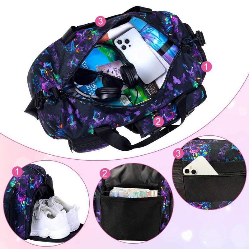Girls Travel Duffle Bag for Girls 18 Inch, Water-Resistant Sports Bag with Separate Shoe Compartment for Gym, School, Overnight Trips, Camping & Sleepovers, Black Butterfly Girls Travel Duffle Bag - Black Butterfly