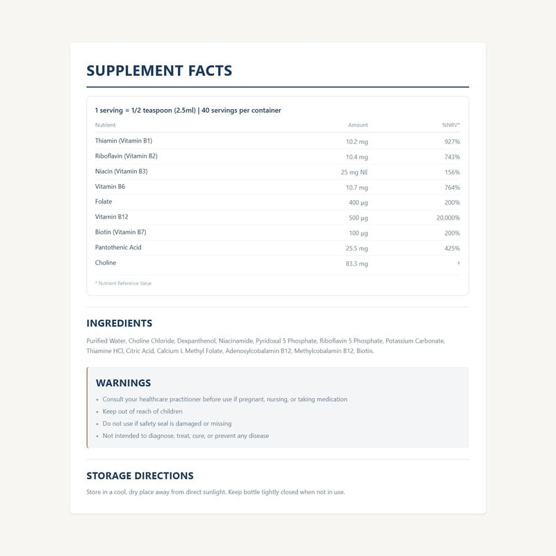 Vitamin B Complex Liquid Drops — Contains Vitamin B12 Methylcobalamin & Adenosylcobalamin + B1, B2, B3, B5, B6, B7, Choline Folate & Biotin | All from Bio-Available Forms — Additive Free 100 ml (Pack of 1) Adults