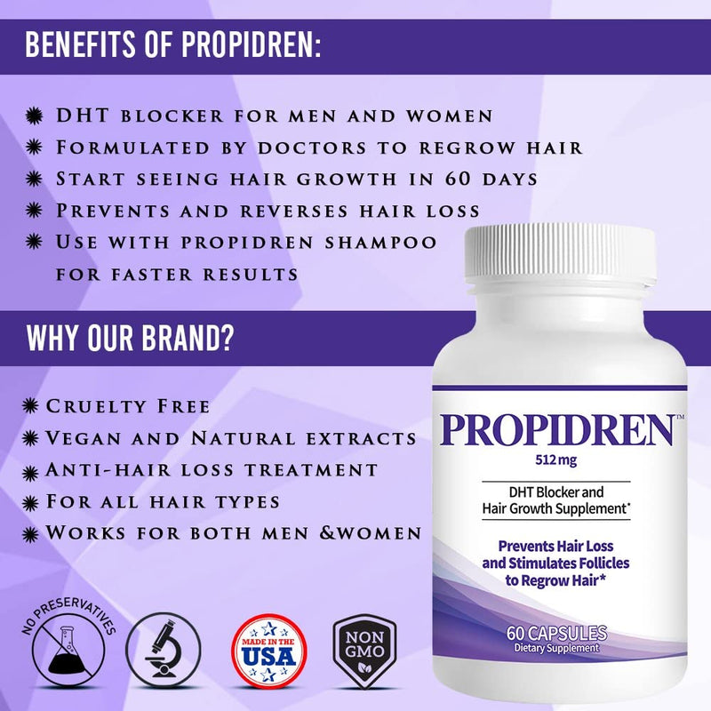 Propidren DHT Blocker & Hair Growth Pills To Stop Hair Loss and Regrow Hair | Hair Vitamins for Men & Women, Regrowth, DHT Blocking, Thinning Hair, Excessive Shedding, Scalp Support, 30 Day Supply