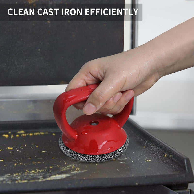 [Australia] - Cast Iron Cleaner Brush with Heavy Duty Handle, 3mm Soldered Fine Chain Mail Scrubber Brush - Small Ring Chainmail Pan Pot Scrubber Metal Scrub Brush to Clean Skillet, Cast Iron Griddle Cleaning Brush Red brush 