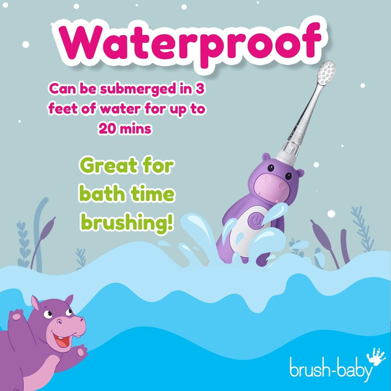 [Australia] - BrushBaby - WildOnes - Kids Rechargeable Electric Toothbrush, Ages 0-10 - Holly Hippo Design with Flashing Lights - DeepClean Bristles for Superior Cleaning - 2 Replacement Brush Heads, 1 USB Cable 