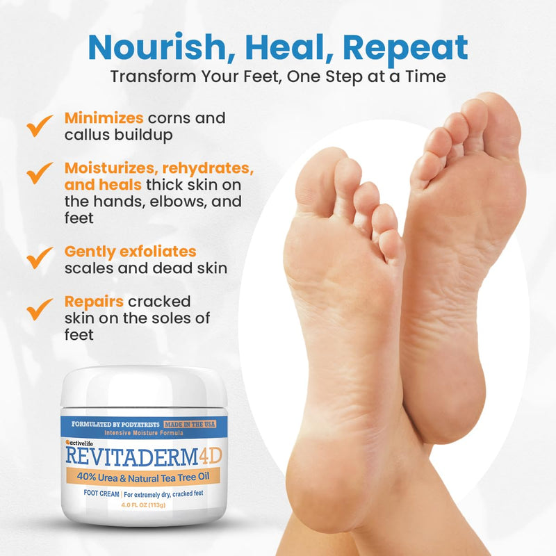 Revitaderm 4D 40% Urea Advanced Foot Cream for Cracked Heels & Dry Skin, Intensive Repair for Rough, Callused Feet, Fast Absorbing, Fragrance Free, Made in USA, 4 oz with Pumice & Brush, 1 Pack 4 Ounce (Pack of 1)