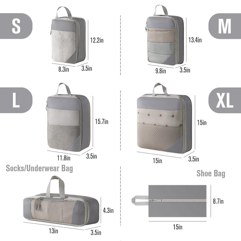 WOOMADA Compression Packing Cubes for Suitcases Travel Essentials 6 Set Rectangle Mesh Expandable Travel Bags Organizer for Luggage 6 Set (1S+1M+1L+1XL+Shoe Bag+Socks/Underwear Bag) Light Grey