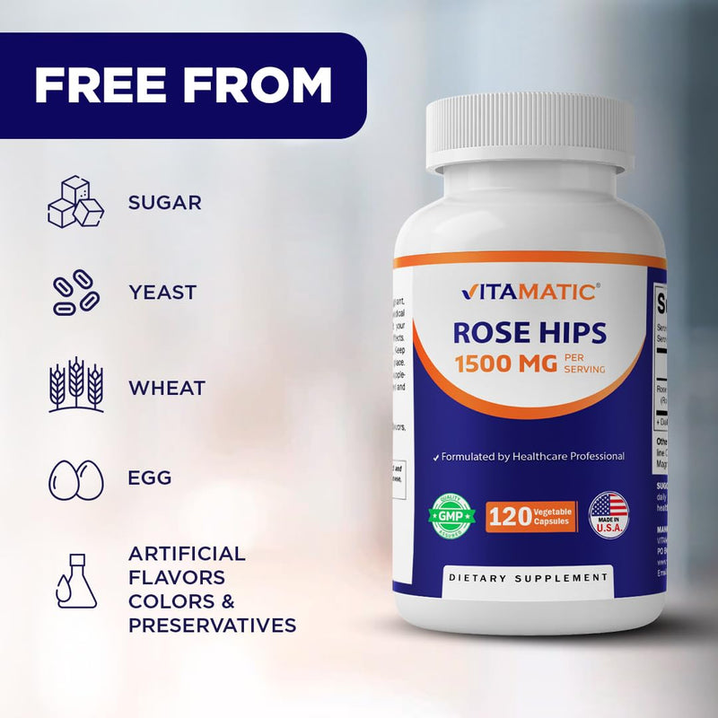 Vitamatic Rose Hips 1500 mg per Serving (Rosa Canina) – 120 Capsules – Non-GMO, Gluten Free Herbal Supplement – Rich in Natural Vitamin C & Antioxidants – Immune Support – Made in USA
