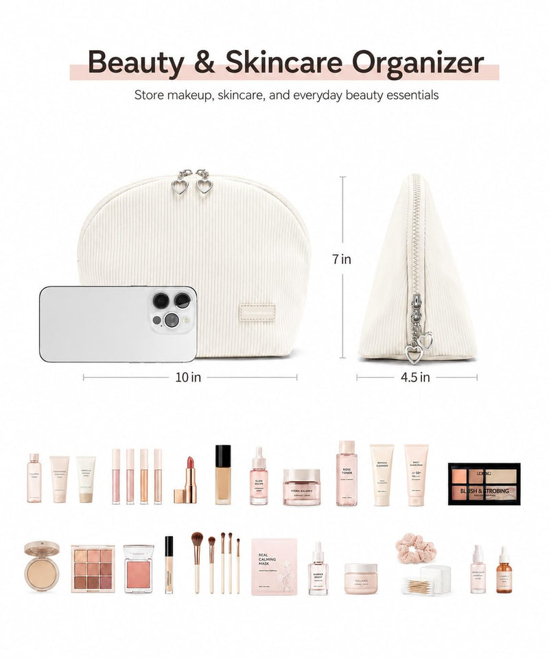 Makeup Bag Set for Women, 2 Pcs Corduroy Travel Cosmetic Organizer, Detachable Clear Pouch and Shell Shape Case, Waterproof Toiletry Storage for Beauty Essentials, Off-white