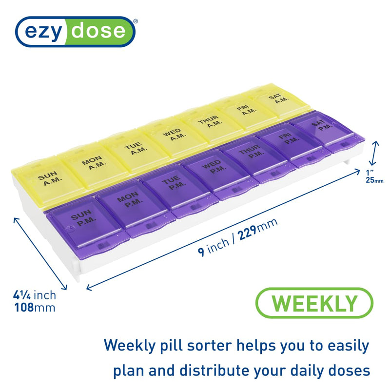 Ezy Dose Weekly (7-Day) AM/PM Pill Organizer, 2XL Planner, Purple/Yellow | Daily Medicine, Vitamin & Supplement Case, 2 Times a Day Pop-Up Compartments, Arthritis-Friendly, Travel-Friendly, BPA-Free Purple and Yellow