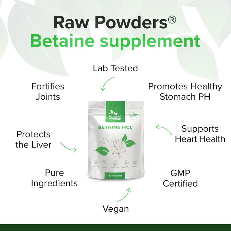 Betaine HCl 650mg – 120 Vegan Capsules | High Strength Betaine Hydrochloride | Supports Stomach Acidity & Protein Digestion | Digestive Support | 4 Months Supply | Raw Powders