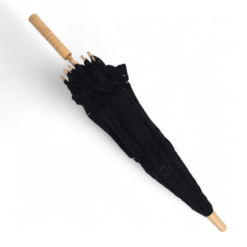 Black Lace Hand Sewn Parasol With Wood Handle