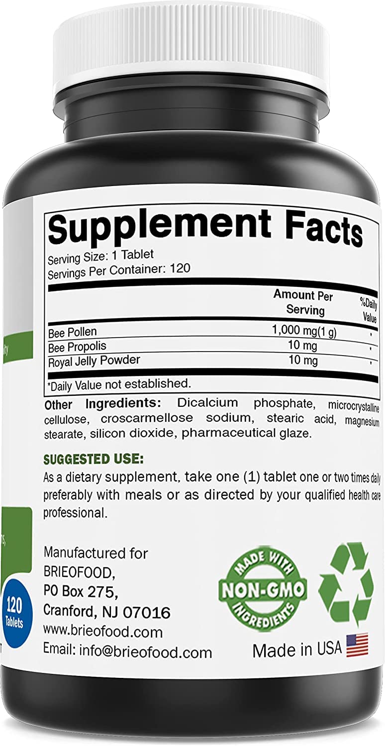 [Australia] - Brieofood Bee Pollen Complex 1000 mg 120 Tablets - Made with Bee Pollen, Bee Propolis, & Royal Jelly Powder 
