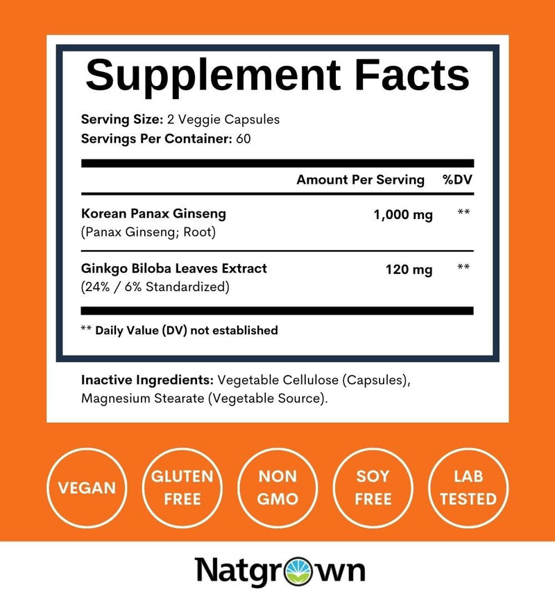 [Australia] - Natgrown Panax Ginseng & Ginkgo Biloba Supplement - Red Korean Ginseng & Ginko Biloba Capsules for Men & Women - Supports Memory Focus & Brain Function - Vegan Pills - 120 Count 120 Count (Pack of 1) 