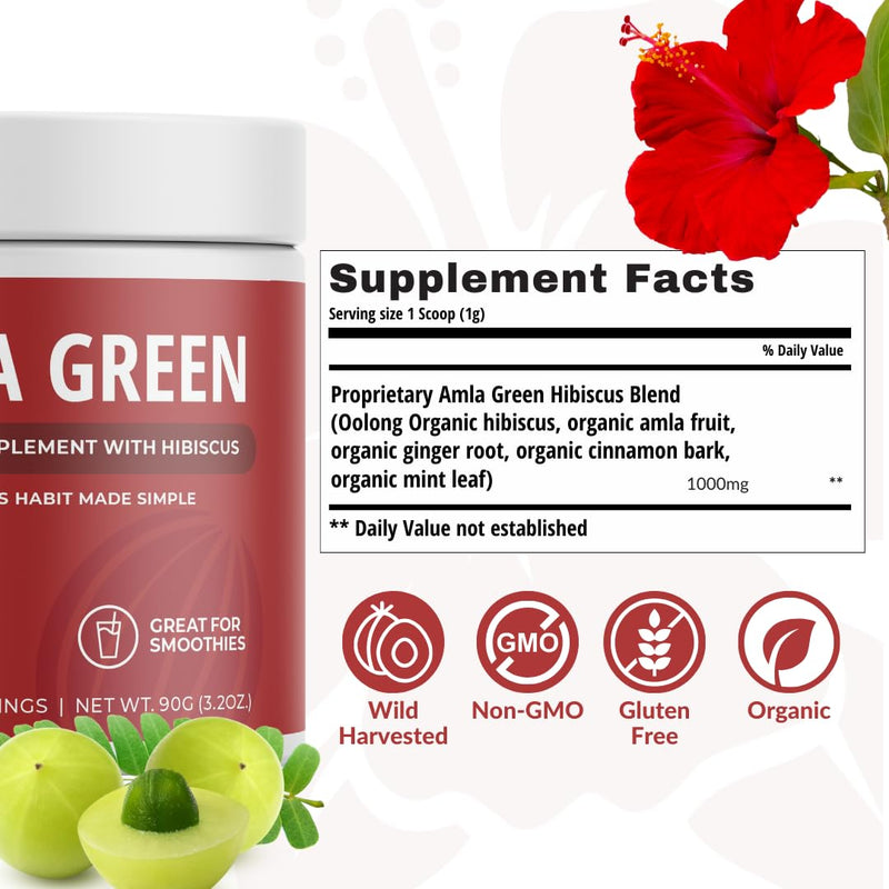 [Australia] - Amla Powder & Green Tea Superfood Supplement with Hibiscus, 20x Ultra Concentrated Amla, Antioxidant Support, Made with Oolong Tea and Indian Gooseberries, Organic, Vegan, Hibiscus, 30 Servings Hibiscus | 30 Servings 