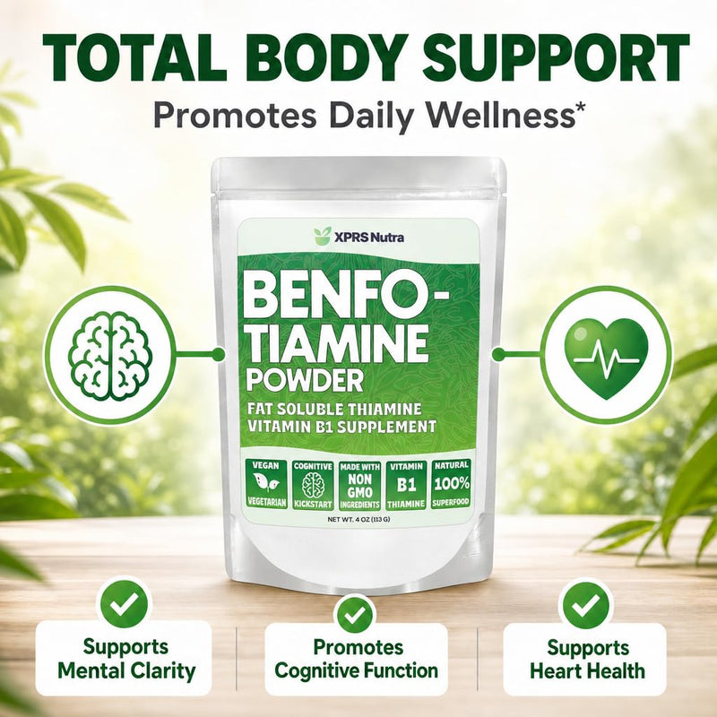 XPRS Nutra Benfotiamine Powder (Thiamine) - Fat Soluble Happy Heart Thiamine Supplement - Advanced Vitamin B1 Benfotiamine for a Cognitive Boost - Vegan Friendly Benfotamine Powder (4 Ounce)