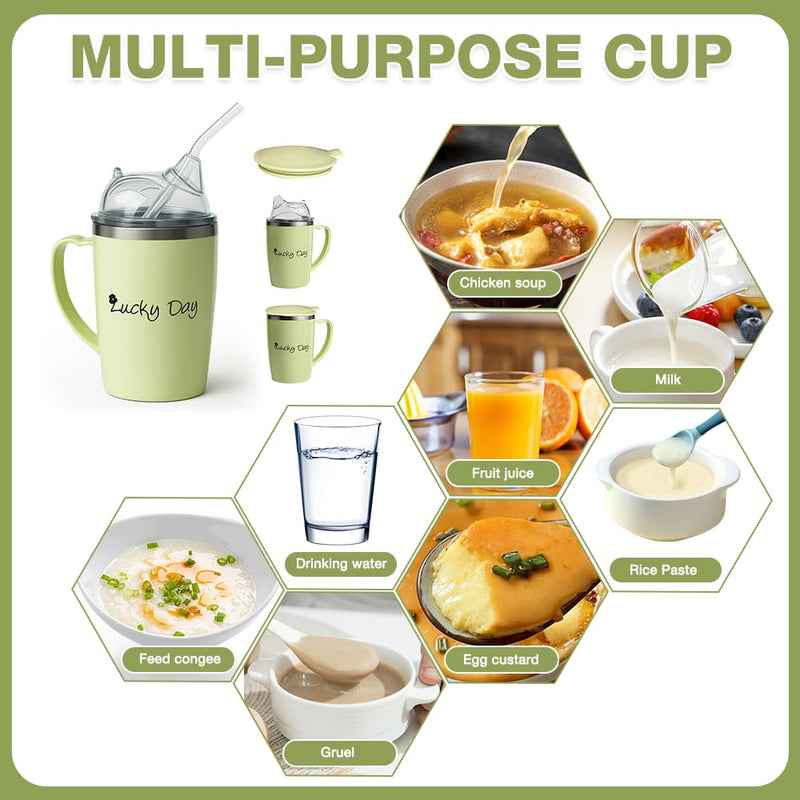 350ml Adult Sippy Cup, 3-in-1 Elderly Spill Proof Cups, Beakers for Elderly with Lid and 30cm Straw, Spill Proof Adult Sippy Cup with Handle,Stainless Steel Dysphagia Cups for Elderly Patient Green