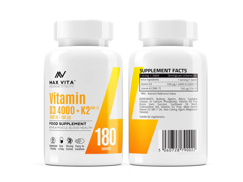 Vitamin D3 4000 IU K2 MK-7 100mcg High Strength VIT D3 K2 Menaquinone from Natto Bones Muscle Teeth Blood Calcium Levels Immune System Support 180 Tablets
