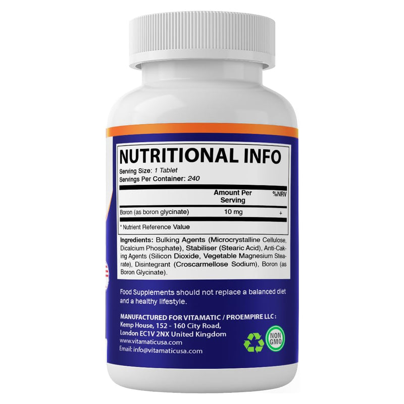 Vitamatic Chelated Boron (as Glycinate) 10mg 240 Tablets - Supports Hormone Balance, Bone Health & Connective Tissue
