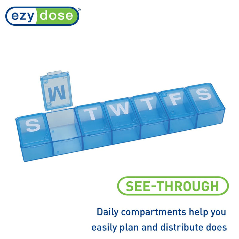 EZY DOSE Weekly (7-Day) Pill Case, Medicine Planner, Vitamin Organizer Box, Convenient and Easy to Use, X-Large Compartments, Travel Friendly, Color May Vary (Randomly Selected), BPA Free Green, Purple, Blue Or Black X-Large 7.4"x1.5"x0.9"