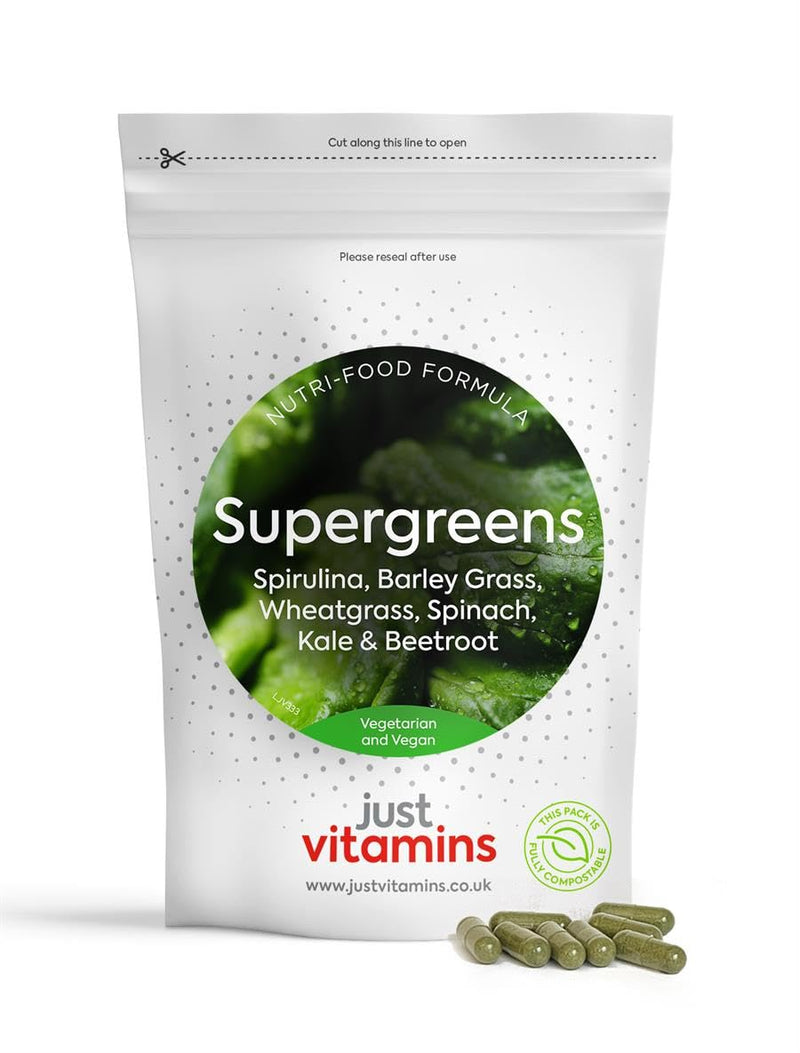 Vegan Super Greens Complex | 90 Capsules | 14 Nutrient-Rich Superfoods | Energy, Immunity & Digestion Support | Non-GMO, No Fillers | UK Made - Just Vitamins