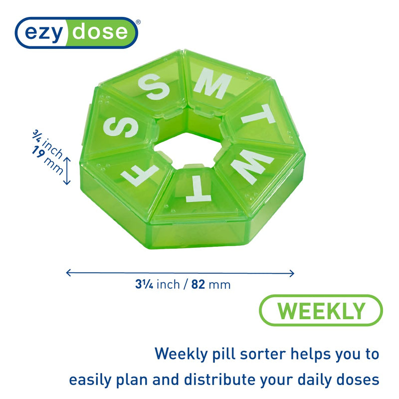 Ezy Dose Weekly (7-Day) Pill Organizer, 7-Sided Medicine Planner, Green | Compact Daily Round Vitamin & Supplement Medicine Case, Convenient and Easy to Use, Travel-Friendly Container, BPA-Free
