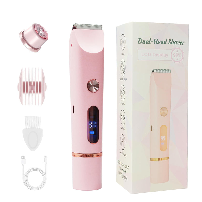 2025 Upgraded Bikini Trimmer for Women & 2 in 1 Dermave Bikini Shaver with LCD Display, Dual Head Cordless Electric Shaver, IPX7 Waterproof Wet/Dry Body Hair Trimmer for Face Body Intimate Areas,Pink