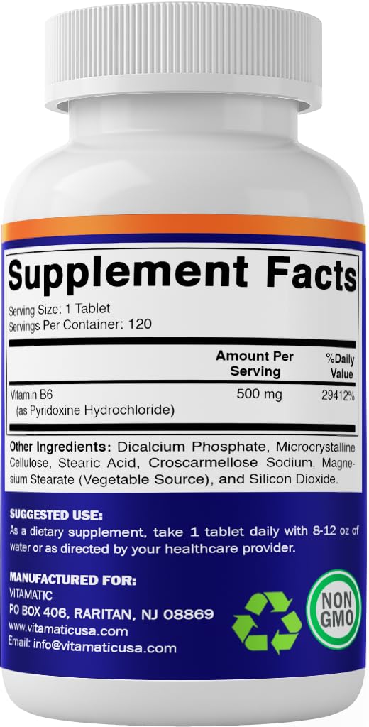 Vitamatic Vitamin B6 (Pyridoxine HCI), 500 mg 120 Vegetarian Tablets - Promotes Energy Production, boosts Metabolism and Immune Health Support