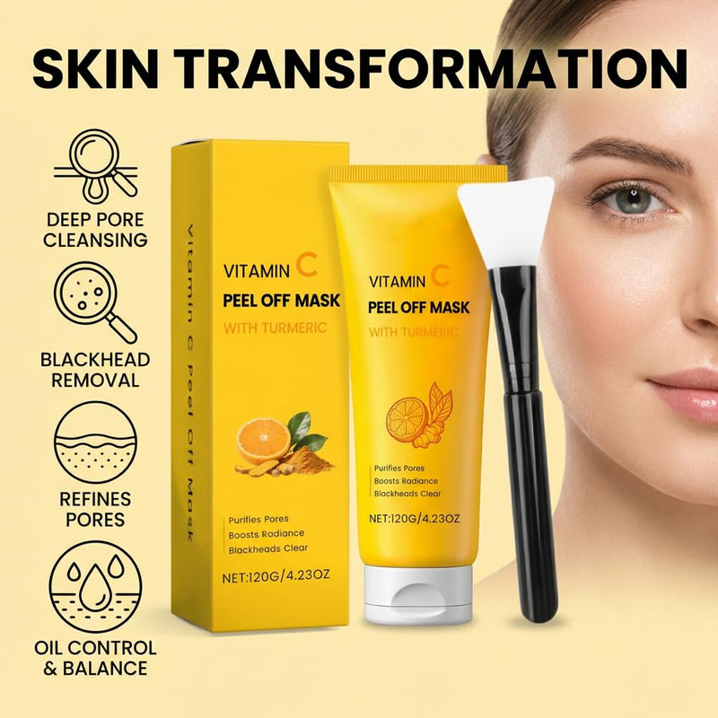 Turmeric Face Mask with Vitamin C, Peel Off Face Mask, Deep Clean & Gently Removes Blackheads, Brushes Included