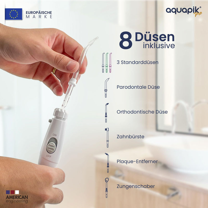 [Australia] - Aquapik® PRO Professional Oral Irrigator | Removes plaque + Recommended by dentists + Cares for your implants and braces | Oral irrigator with 8 nozzles + 10 pressure levels + 600 ml capacity white 