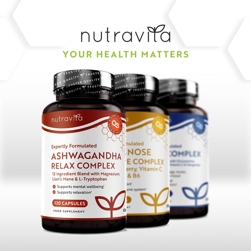 Nutravita Ashwagandha KSM-66 7200mg Before Extraction, Relax Complex with Magnesium, Lion's Mane L-Tryptopha, Supports Relaxation, Mental Wellbeing & Reduction in Fatigue - 120 Capsules