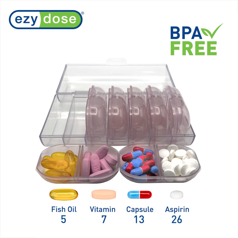 Ezy Dose Weekly (7-Day) AM/PM Pill Organizer, Large Medicine Planner, Pink | Daily Individual Vitamin & Supplement Medication Case, 2x a Day Removable Compartments with Case, Travel-Friendly, BPA-Free Pink With Clear Case