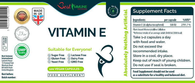 [Australia] - 100% Natural Vitamin E 500IU Improved Formula 100 Vegan Cruelty-Free Capsules 