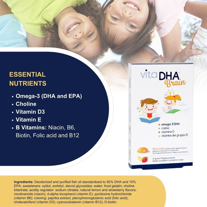 VitaDHA Brain Omega3 for Kids 3+ IFOS Certified (60 Jellies) - No Fishy Aftertaste, Sugar Free - with Vitamin D3 and B - Strawberry and Lemon Flavour
