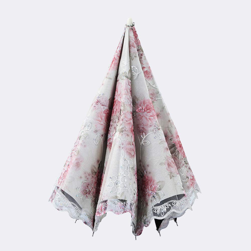 Honeystore Flower Print Vintage Parasol Anti-UV Folding Lace Embroidery Umbrella 2 Folding Beige
