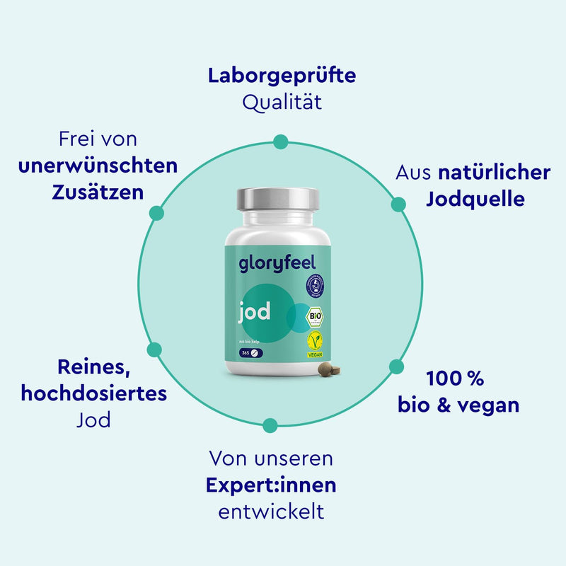 [Australia] - Iodine from organic kelp - 225µg high dose iodine - 365 tablets - Certified organic quality - 100% natural iodine from brown algae - Thyroid function + hormones - Vegan & laboratory tested 