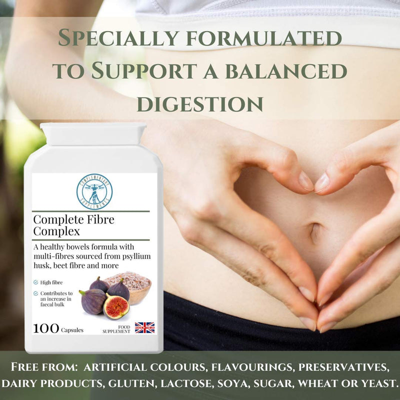 Complete Fibre Complex – High Strength Fibre Supplement for Bowel Regularity – Psyllium Husk, Flaxseed & Pectin – Soluble & Insoluble Fibre – Vegan – 100 Capsules