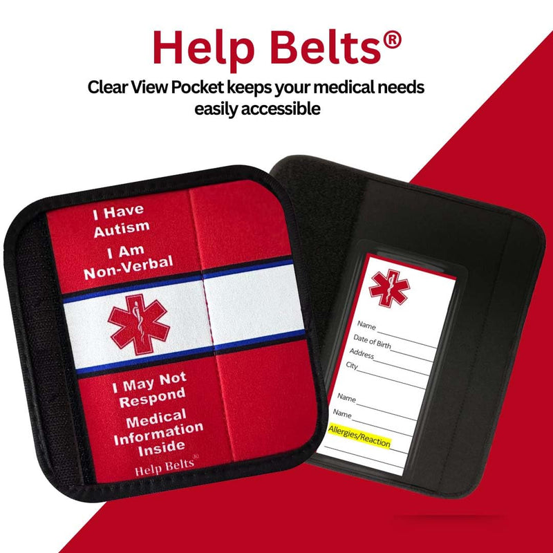 [Australia] - Autism/Non-Verbal/May Not Respond Awareness Medical Alert Seatbelt Cover for Kids and Adults with Emergency Information Form and Pocket by Help Belts. (Red, 6 Inch Car Seat) Red 
