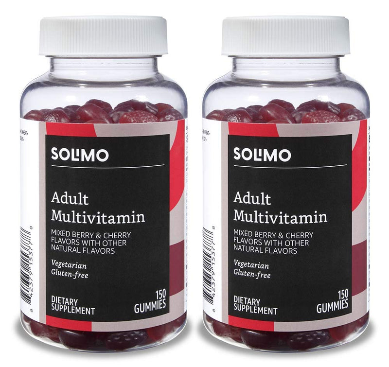 Amazon Brand - Solimo Vitamin B12 3000 mcg, 100 Gummies, 2 Gummies per Serving (Pack of 2) & Solimo Adult Multivitamin, 300 Gummies, 75-Day Supply (Pack of 2)